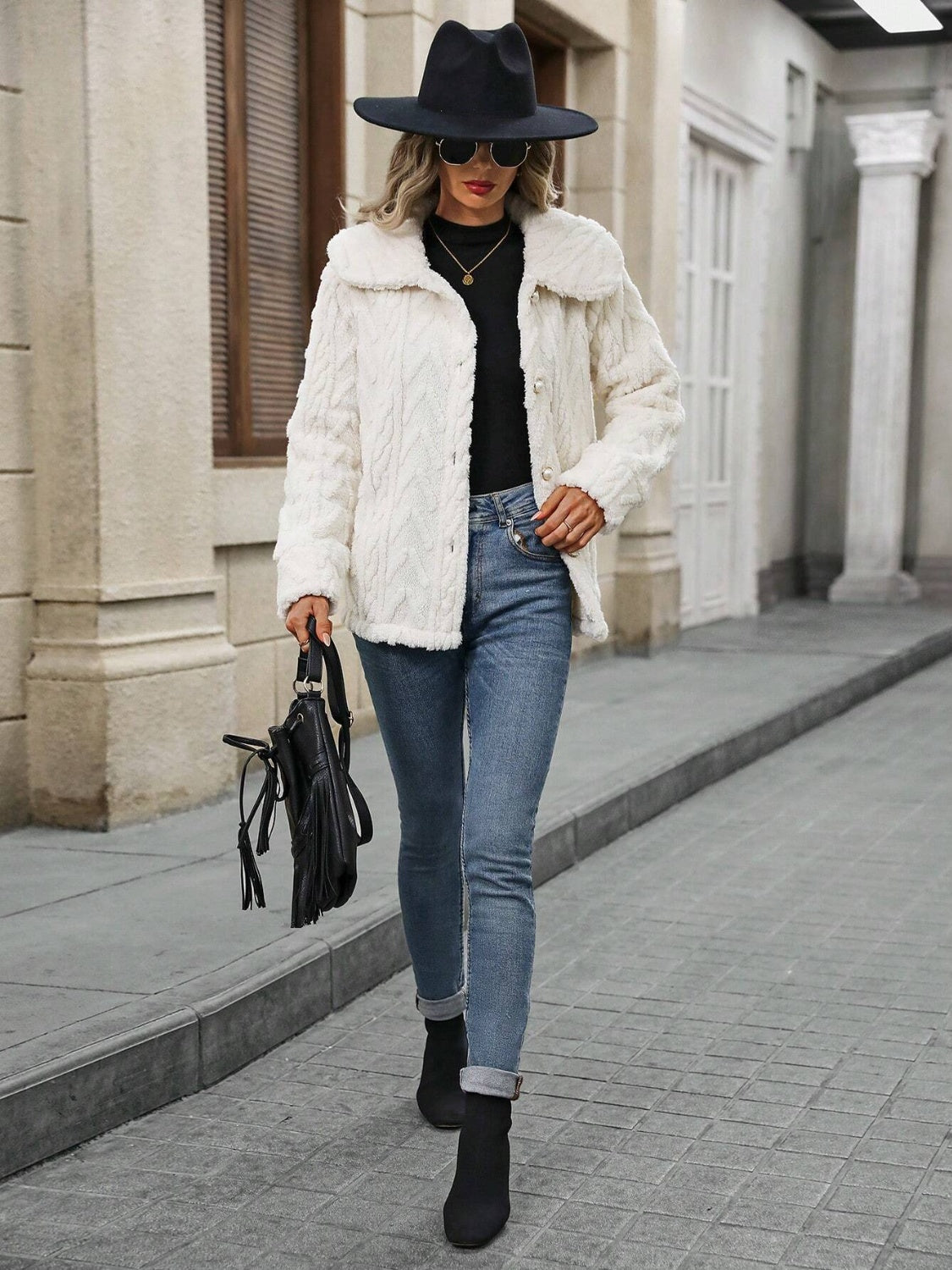 Cream cable knit collar jacket with button front and textured pattern