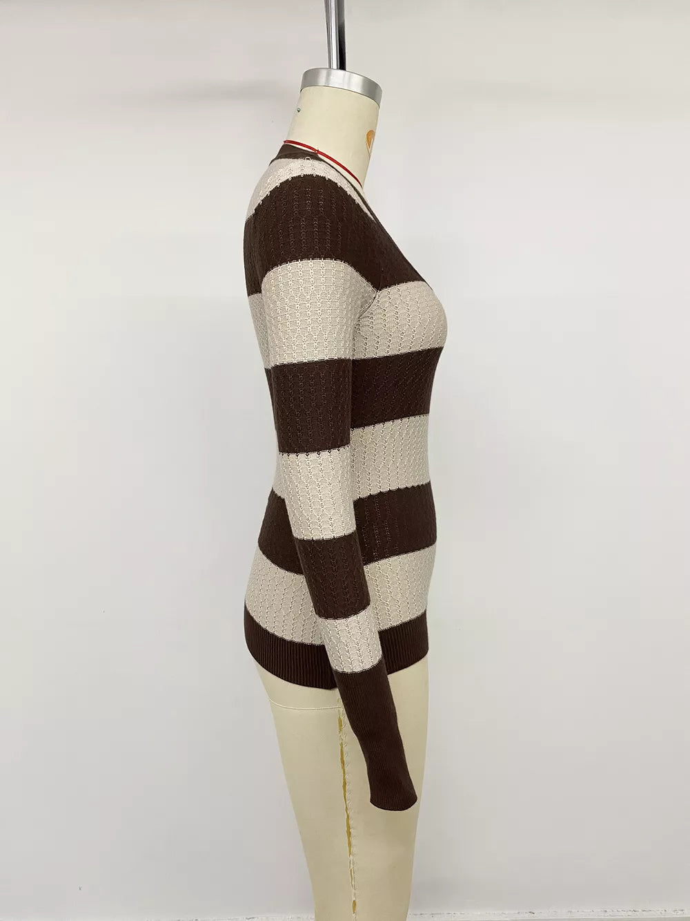 Striped V-neck Knit Top in Coffee Brown, fit detail