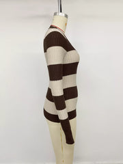 Striped V-neck Knit Top in Coffee Brown, fit detail