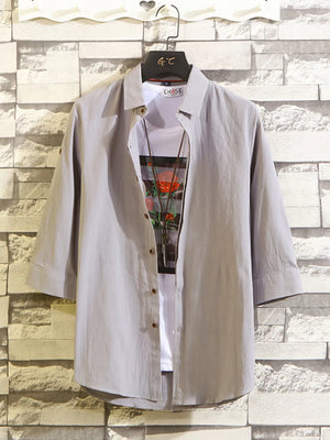 Men's Plus Size Button Up 3/4 Sleeve Shirt in Dark Gray, close-up detail