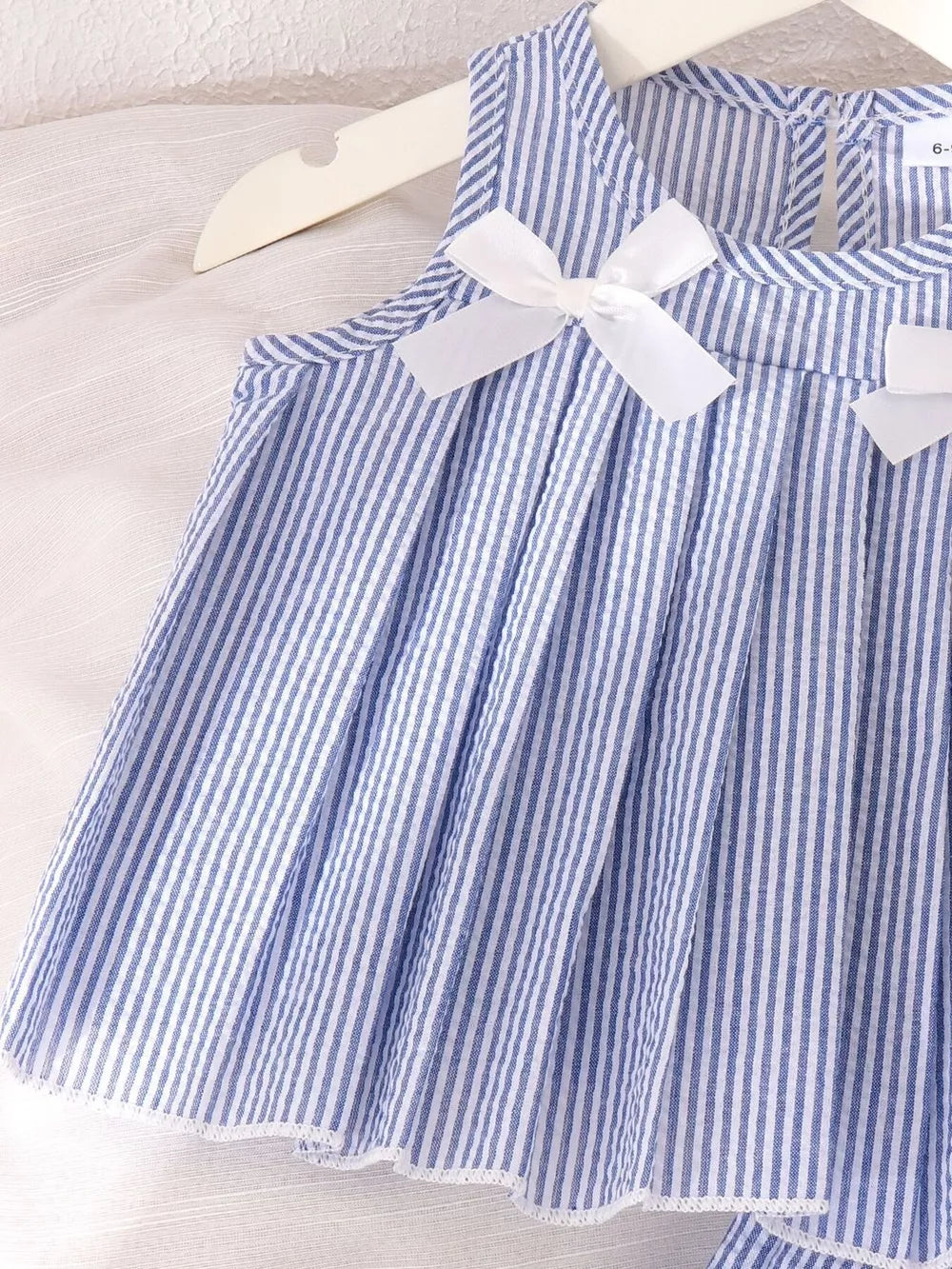 Children's Striped Sleeveless Top And Pants Set in Blue, close-up detail