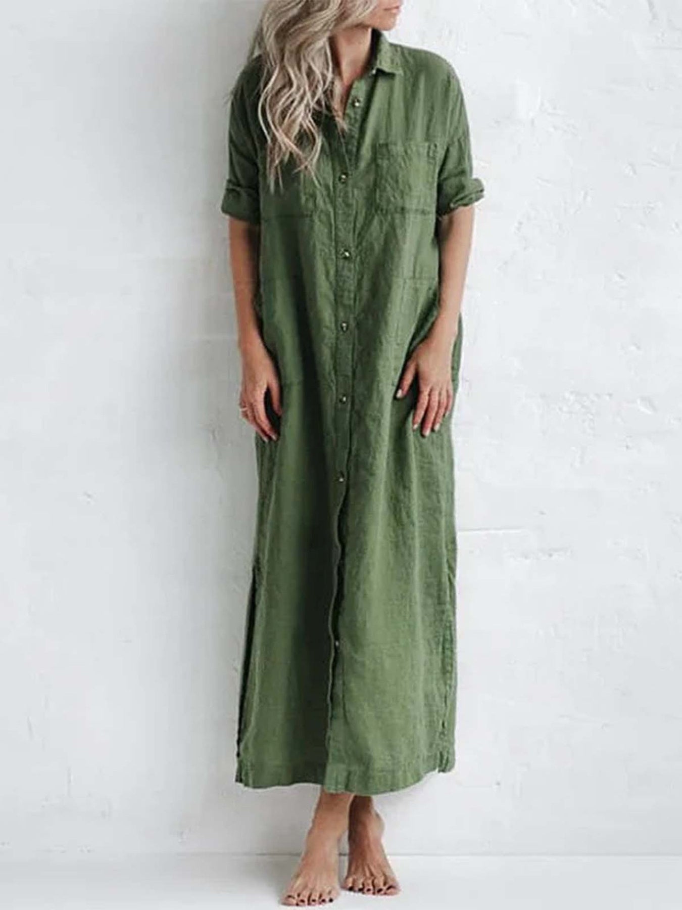 Full Size Casual Button-down Maxi Shirt Dress in White, front view