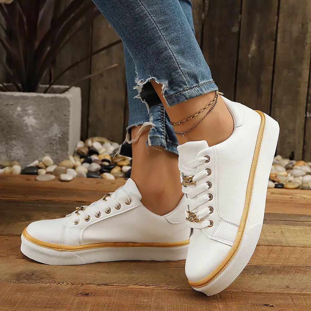 Round Toe Platform Sneakers in White, fabric detail
