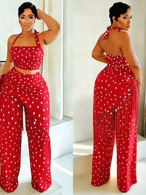 Red polka dot cami and fringe wide leg pant set with halter neckline