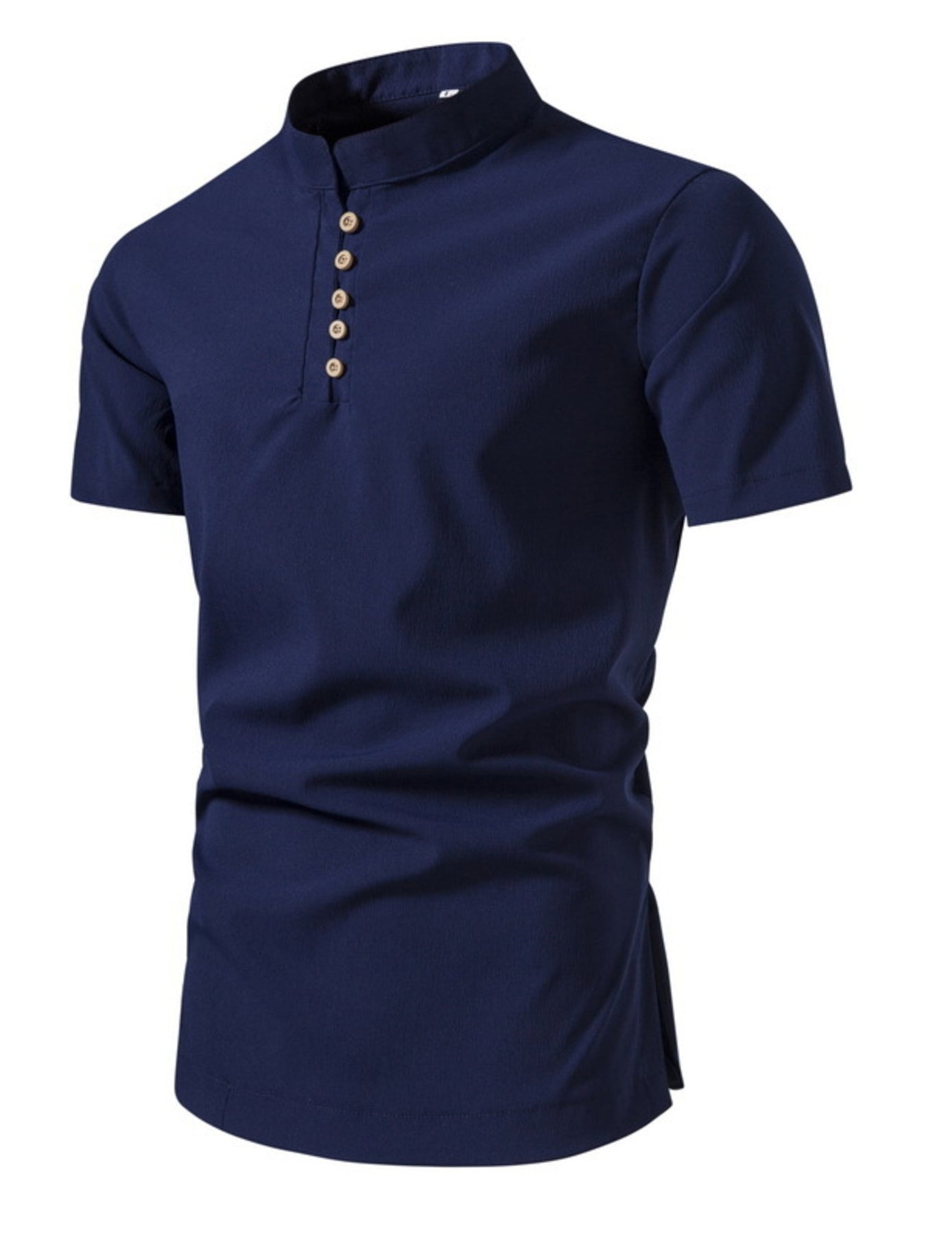 Dark blue cotton short sleeve band collar shirt with button detail