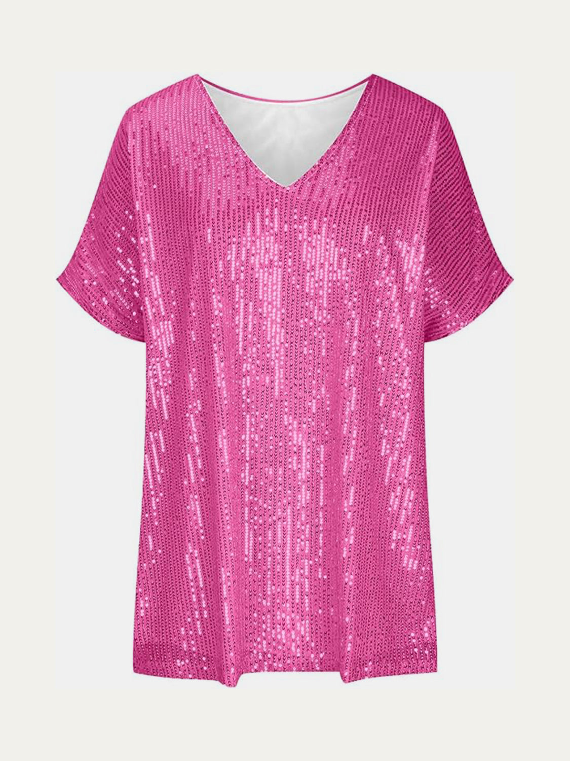 Pink sequin slouchy V-neck top with short sleeves.