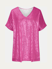 Pink sequin slouchy V-neck top with short sleeves.