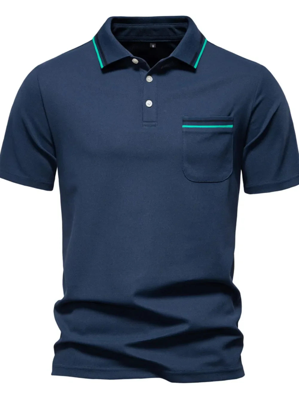 Navy textured polo shirt with contrast trim on collar and chest pocket.