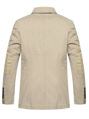 Men's light khaki cotton button-up blazer with elbow patches and button cuffs