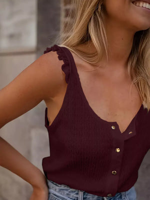 Burgundy textured button tank top with frill trim straps and a V-neckline.