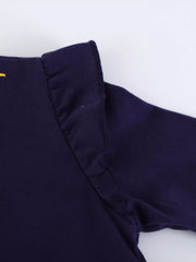 Dark navy baby dress with ruffled shoulder detail and long sleeves.