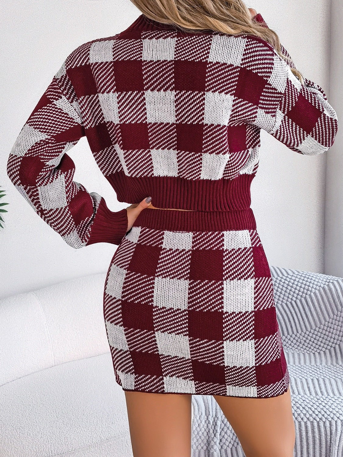 Burgundy checkered knit cropped sweater and mini skirt set