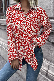 Deep Red abstract spot print oversized shirt with button front and collar.