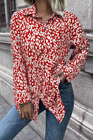 Deep Red abstract spot print oversized shirt with button front and collar.