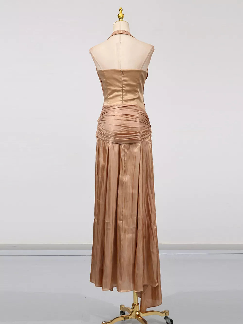 Halter Neck Ruched Maxi Dress in Champagne, back view