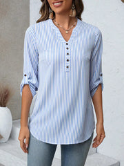 Light Blue Strip vertical stripe V-neck blouse with roll-up sleeves and button detail.