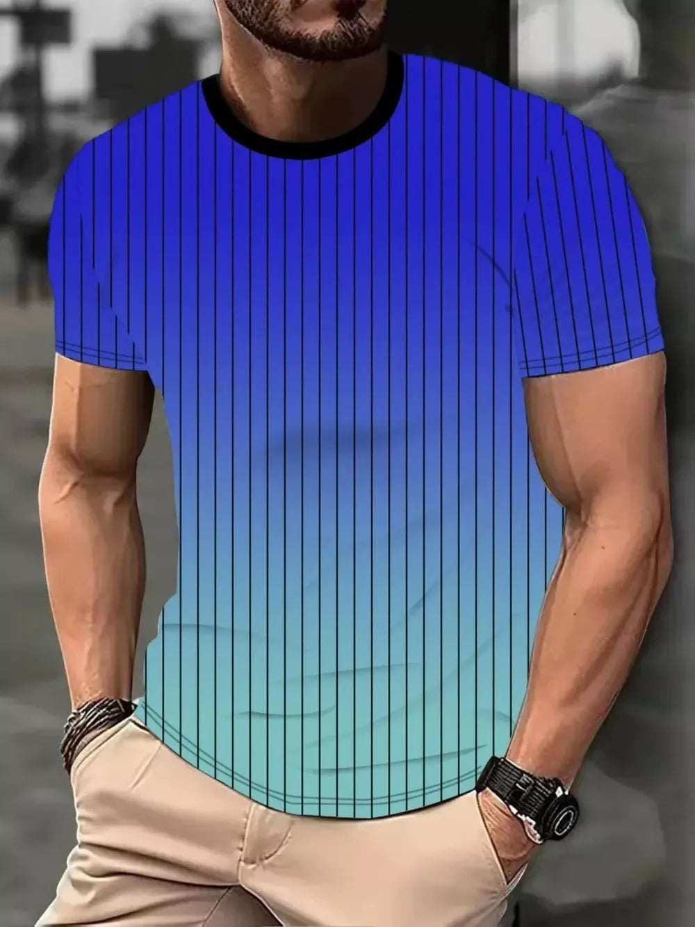 Men's short sleeve t-shirt with blue to aqua gradient and vertical pinstripe pattern.
