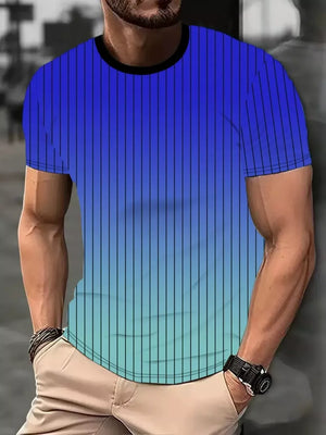 Men's short sleeve t-shirt with blue to aqua gradient and vertical pinstripe pattern.