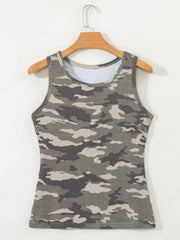 Ribbed knit camouflage tank top in army green with a scoop neckline.