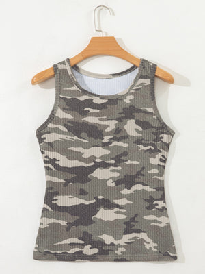 Ribbed knit camouflage tank top in army green with a scoop neckline.
