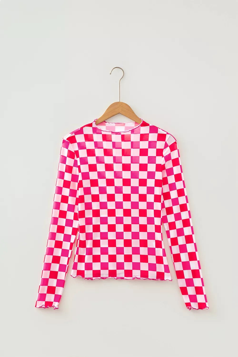 Plaid Heart Mesh Sheer Long Sleeve Top, model styling view