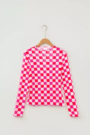Plaid Heart Mesh Sheer Long Sleeve Top, model styling view