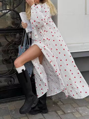 Heart Print Maxi Dress With Puff Sleeves in White, close-up detail