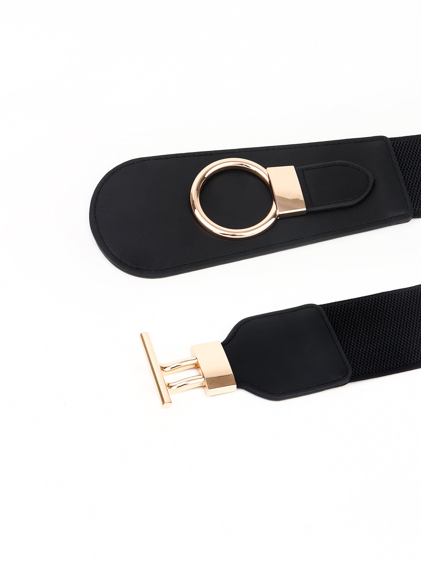 Black elastic belt with gold ring and T-bar buckle closure