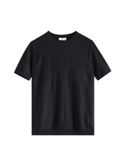 Black textured short sleeve t-shirt for men with crew neck and vertical ribbing detail.