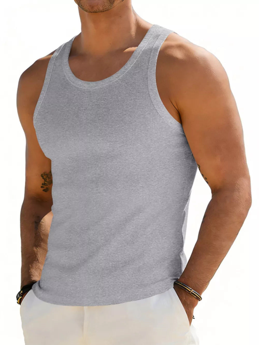 Men's Full Size Round Neck Tank in White, back view