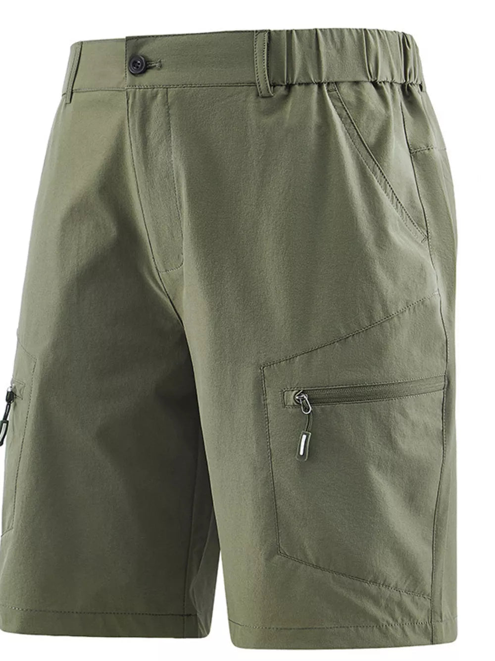 Men's Army Green quick-dry cargo shorts with drawstring waist and zippered pockets.