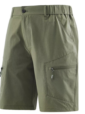 Men's Army Green quick-dry cargo shorts with drawstring waist and zippered pockets.
