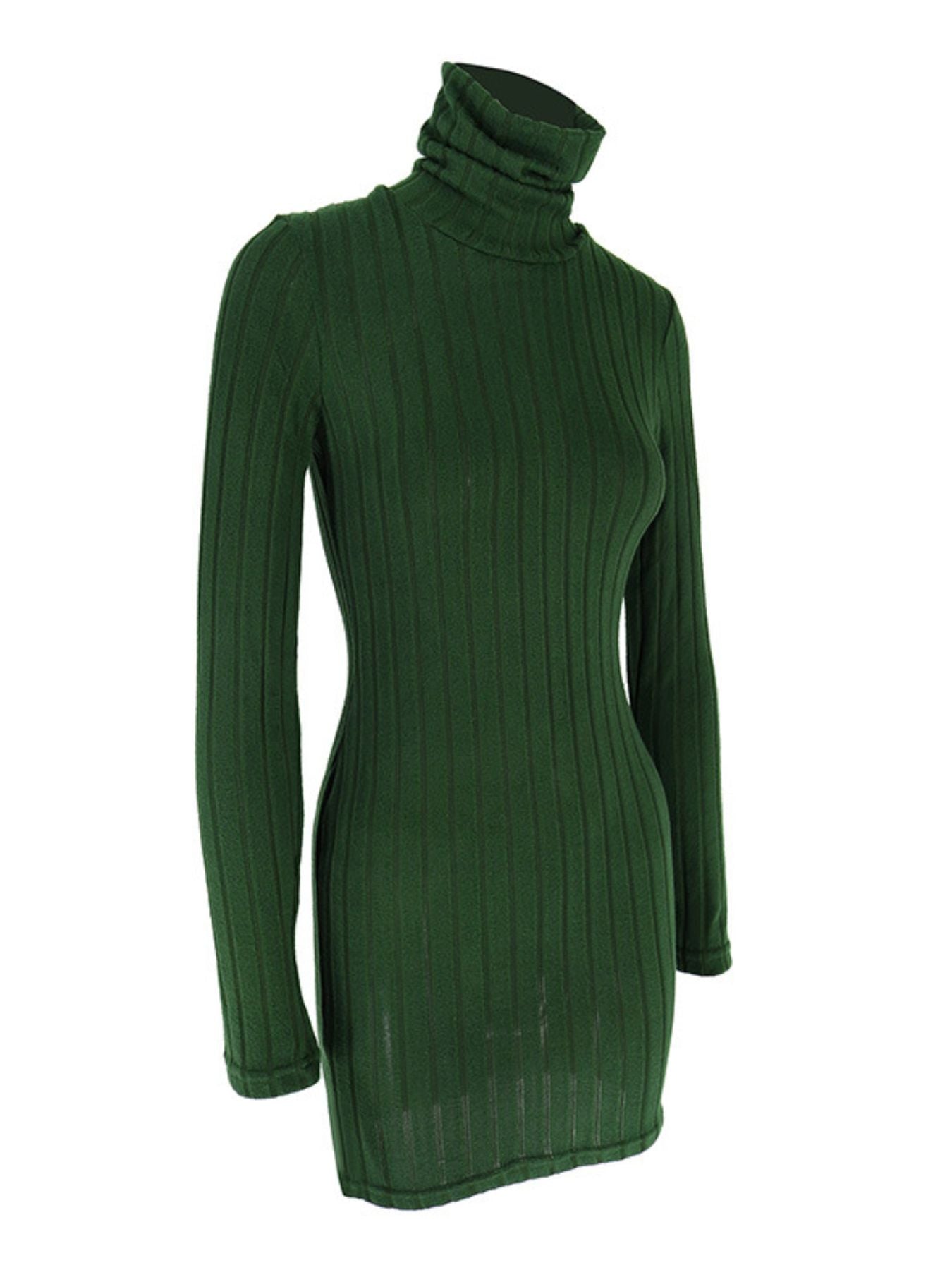 Green ribbed turtleneck bodycon mini dress with long sleeves.