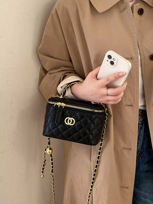 Quilted Leather Crossbody Bag in Black, model styling view