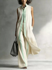 Sleeveless Longline Vest And Wide-leg Pants Set in Pink, close-up detail