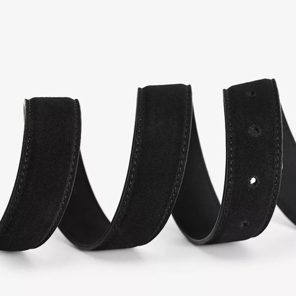 Black cowhide leather belt with stitched edges and visible holes.