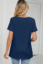 Dark Blue V-neck jersey tee with short sleeves and a ruched detail.