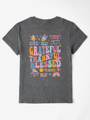 Dark Gray graphic tee with "Grateful Thankful Blessed" text and affirmations.