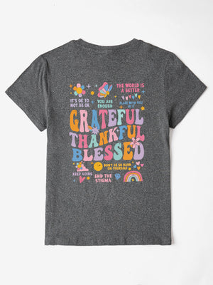 Dark Gray graphic tee with "Grateful Thankful Blessed" text and affirmations.
