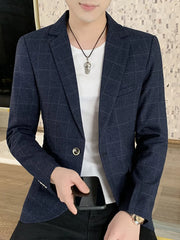 Dark navy plaid sport jacket with button closure and notched lapels.