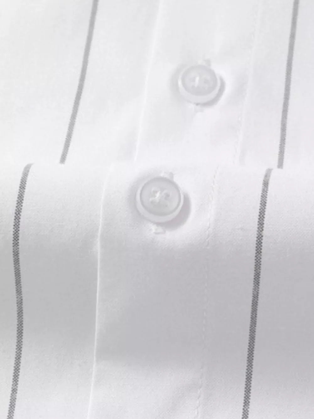 White cotton button-down shirt with subtle grey pinstripes and visible buttons.