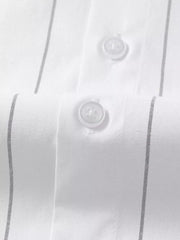White cotton button-down shirt with subtle grey pinstripes and visible buttons.