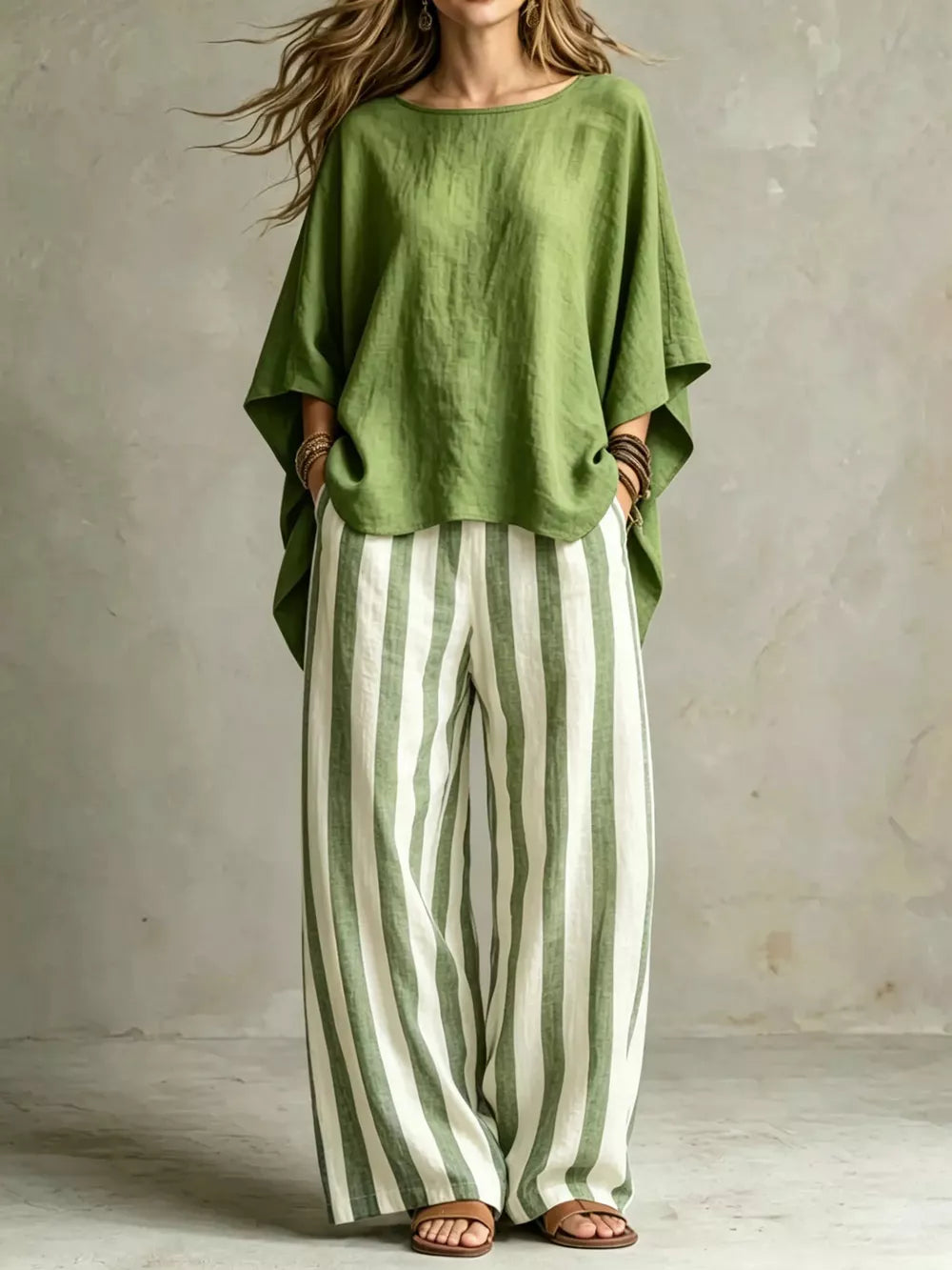 Solid Color Top And Pants Two-piece Set Plus Size, front view