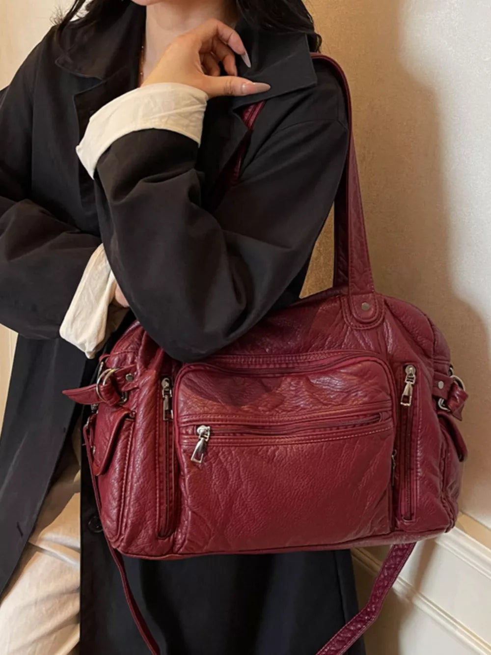 Textured Multi-pocket Pu Leather Shoulder Bag
