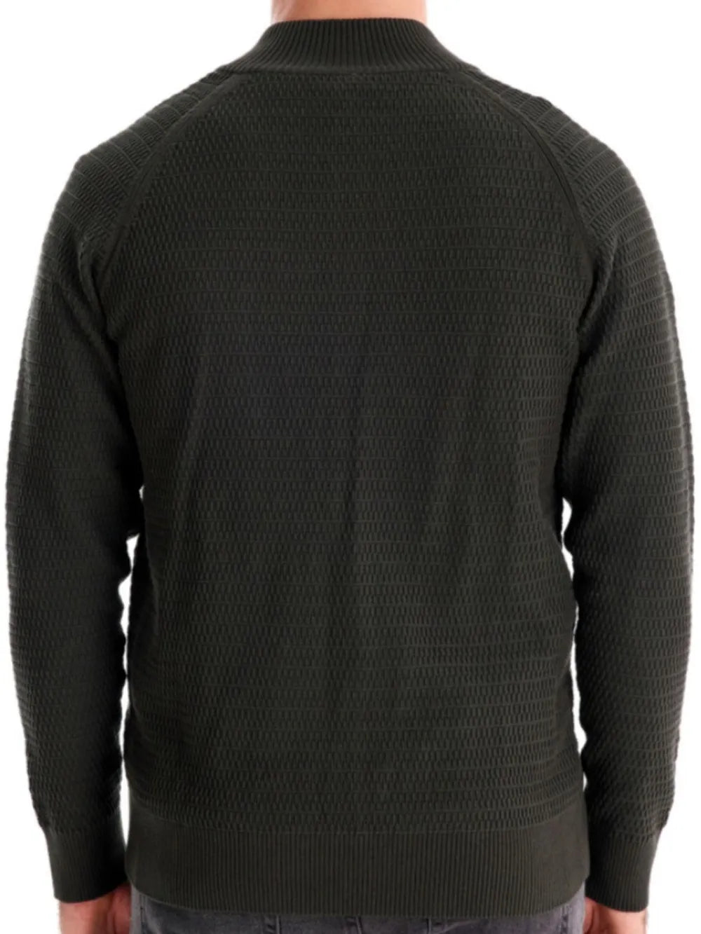 Textured knit stand collar cardigan in Army Green with raglan sleeves.