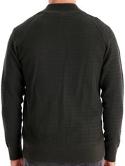 Textured knit stand collar cardigan in Army Green with raglan sleeves.
