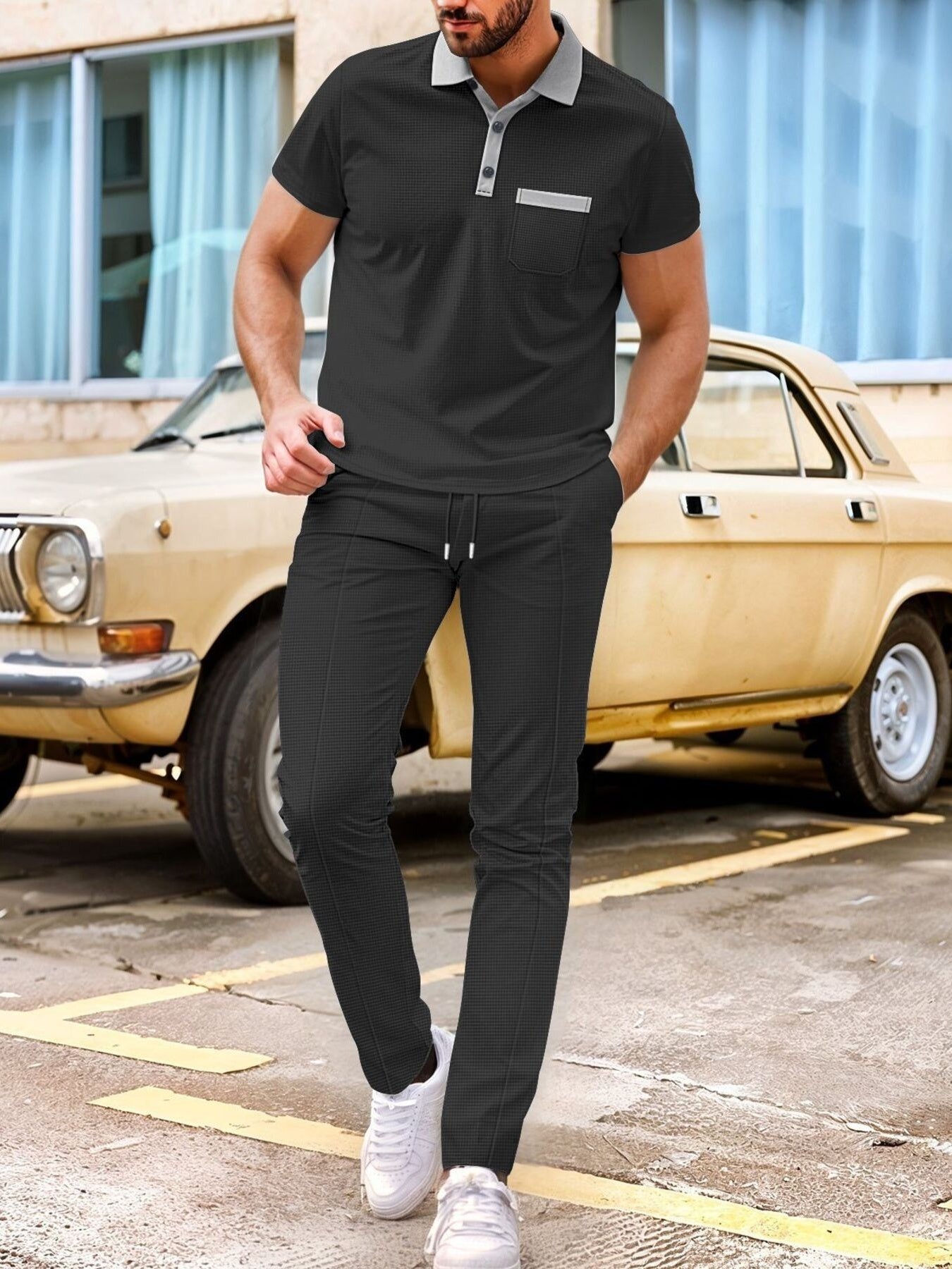 Men's Short Sleeve Polo And Pants Set Plus Size in Blue, model styling view