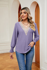 Lavender eyelet blouse with lace V-neck and ruffle cuffs