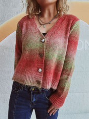 Ombre knit cardigan with heart buttons and v-neck.