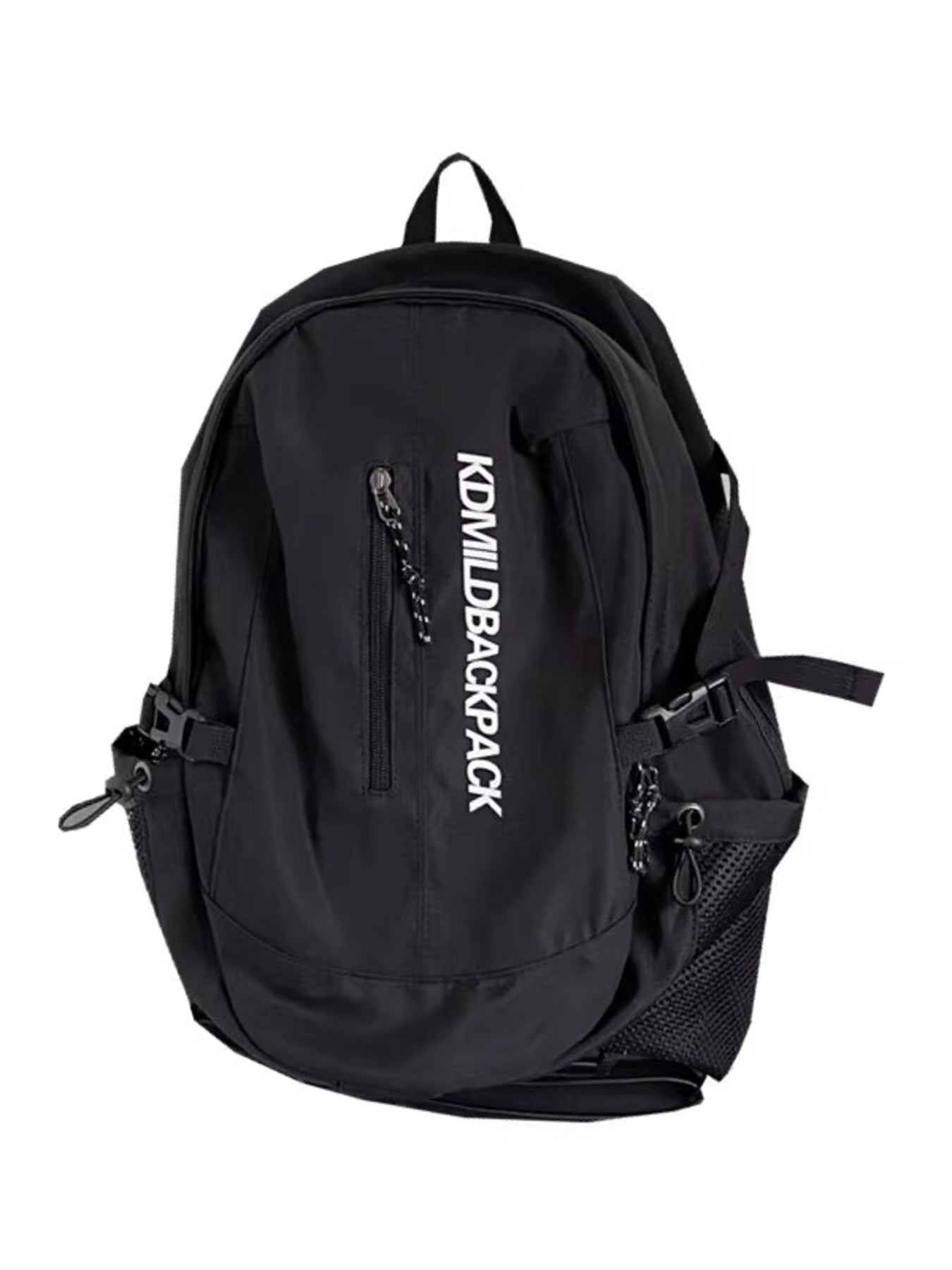 Black nylon casual backpack with zippered pocket and mesh side pockets.